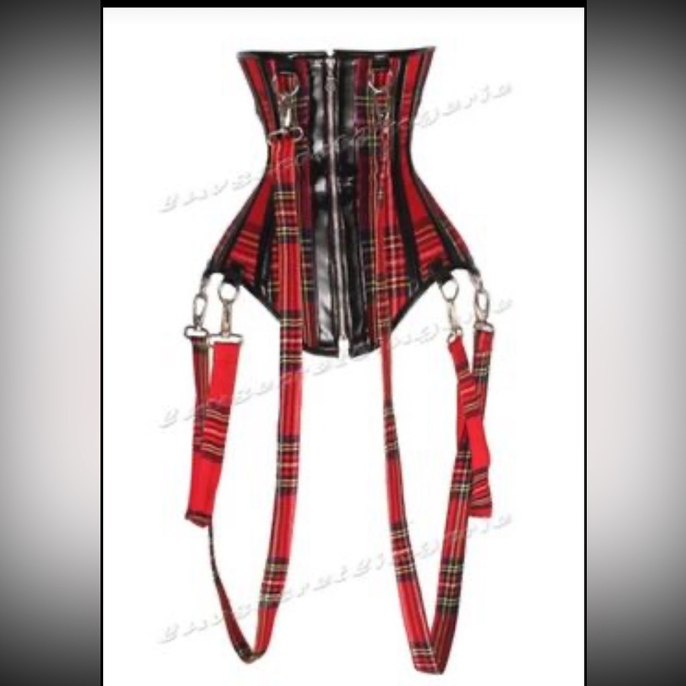 26 Double Steel Boned Waist Training Faux Leather Tartan Underbust Corset